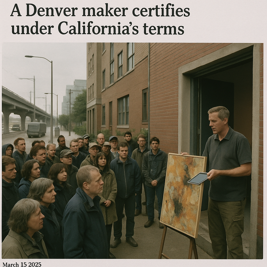 News photograph: A Denver maker certifies under California's terms